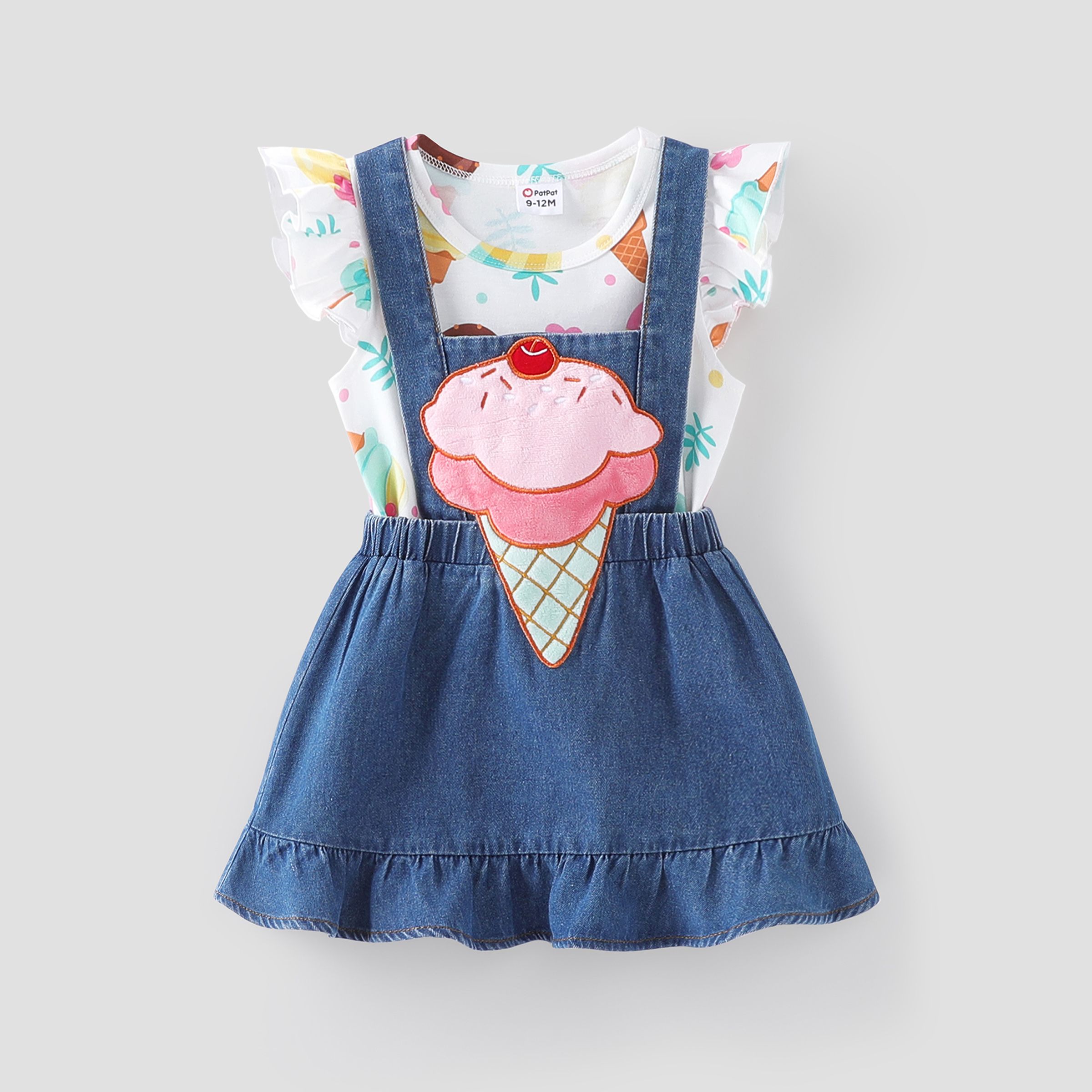 Baby/Toddler Girl 2pcs Ice Cream Print Tee and Embroidery Overall Dress Set