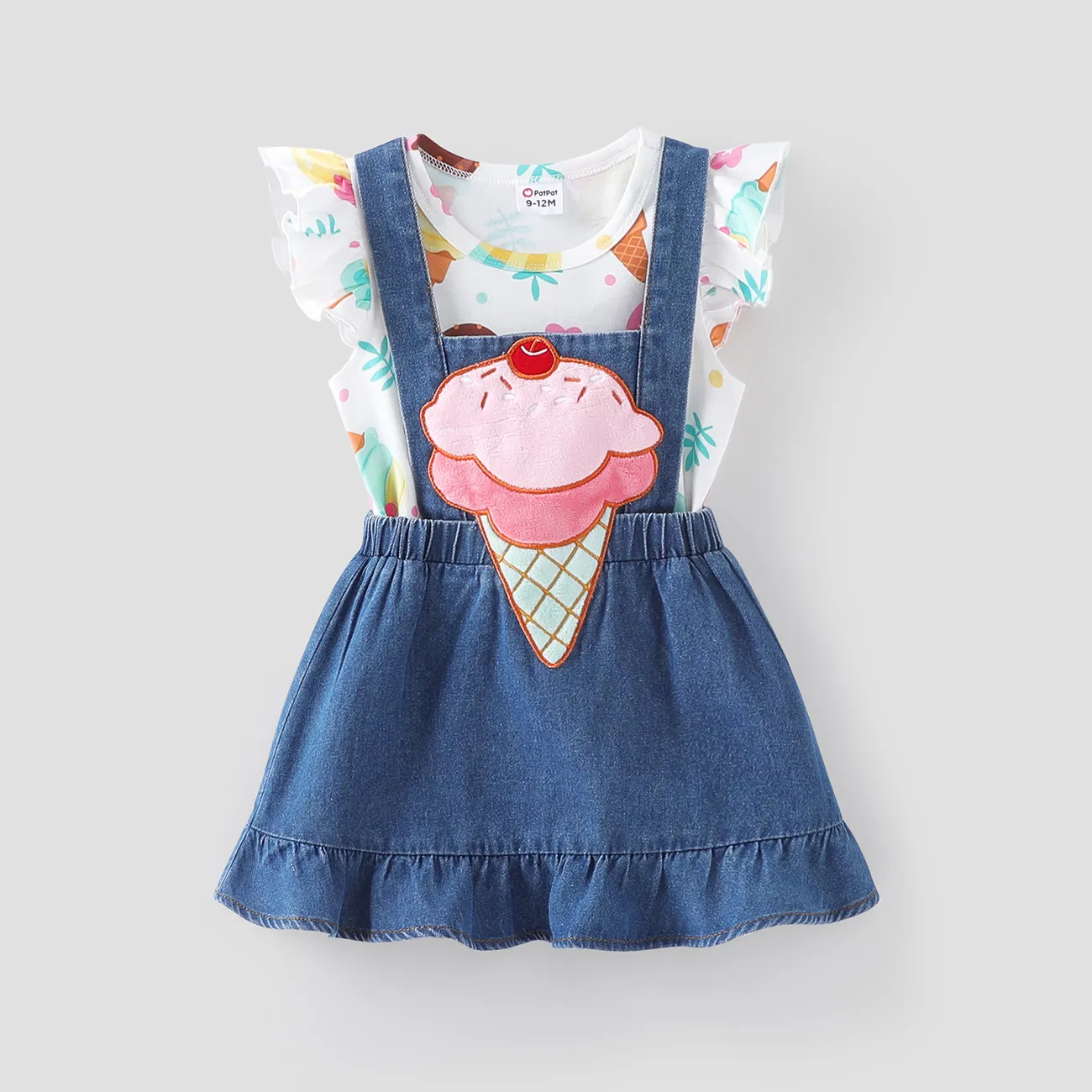 Bebé / niña pequeña 2pcs Camiseta con estampado de helado y conjunto de vestido general bordado azul vaquero big image 1