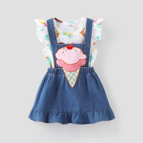 Baby-/Kleinkindmädchen 2-teiliges Eiscreme-Druck-T-Shirt und Stickerei Overall Kleid Set