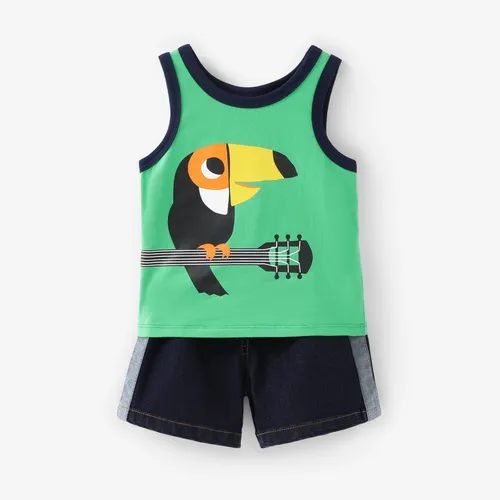 Baby Boy 2pcs Camiseta sin mangas con estampado de pájaros y conjunto de pantalones cortos de mezclilla