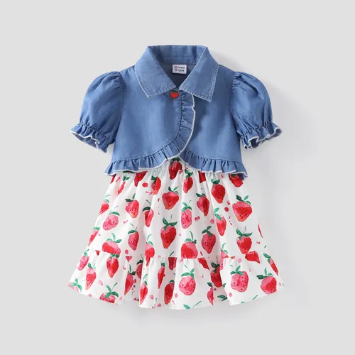 Baby Girl 2pcs Cooling Denim Cardigan and Strawberry Print Dress Set