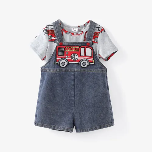 Camiseta con estampado de vehículos para niños pequeños de 2 piezas y conjunto de overoles de mezclilla bordados de vehículos