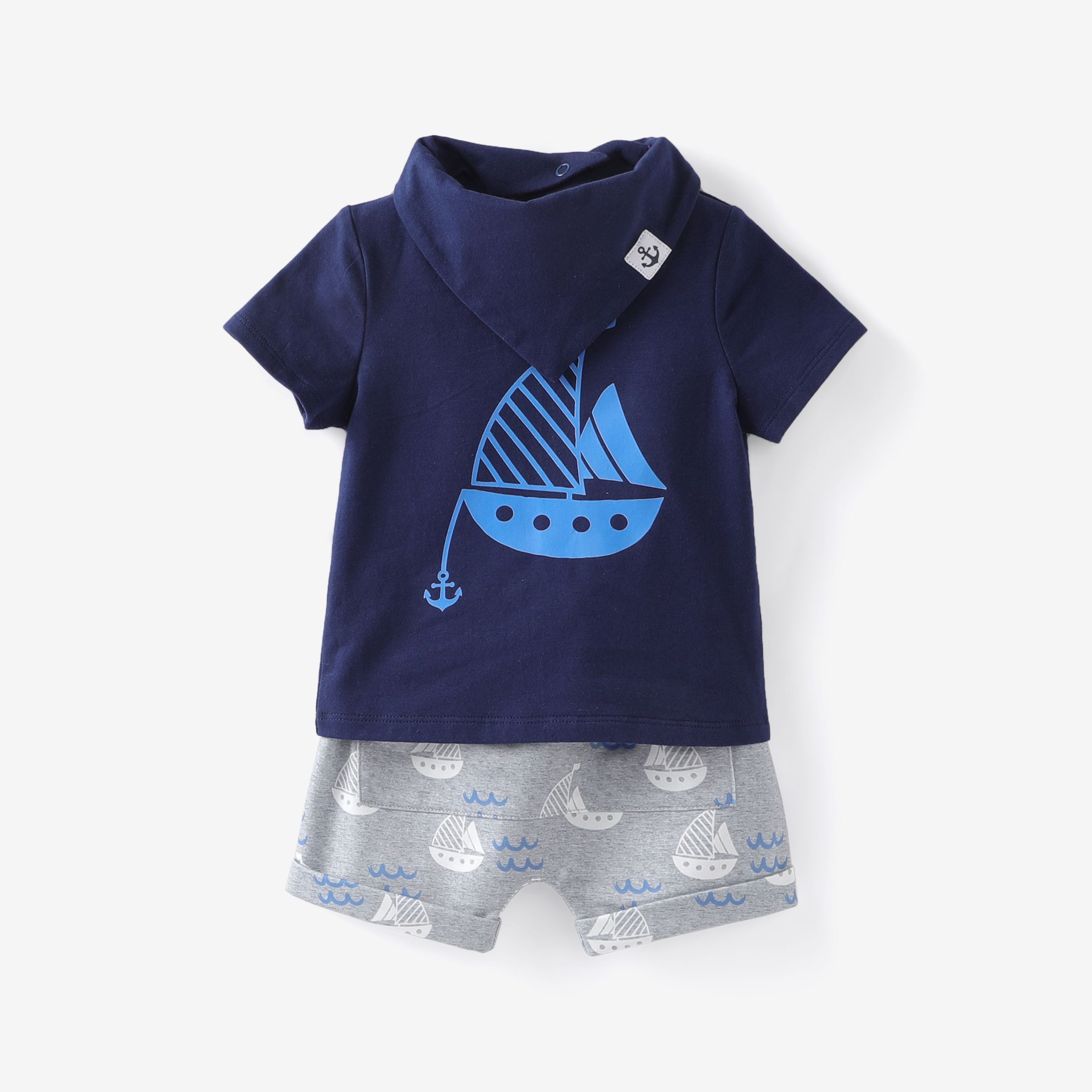 Baby Boy 3pcs Sailboat Print Tee and Shorts with Bib Set