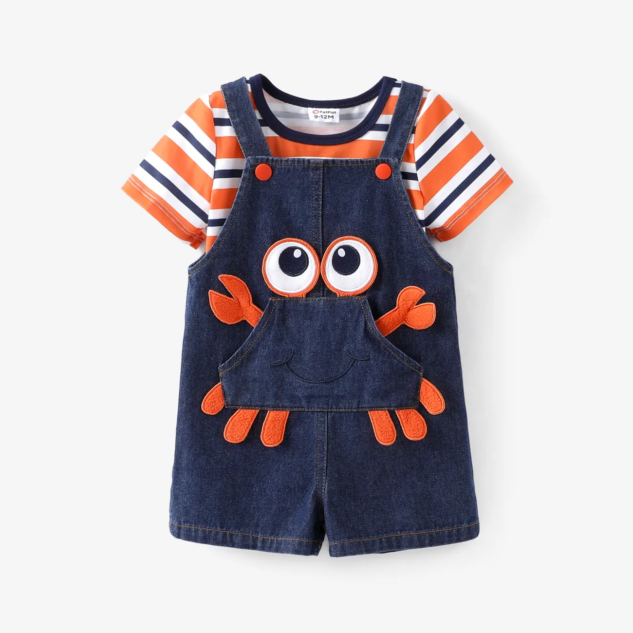 Baby Boy 2pcs Striped Tee and Crab Embroidery Overalls Set Orange big image 1