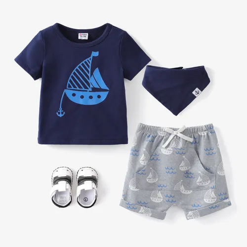 Camiseta y pantalones cortos con estampado de velero para bebé niño de 3 piezas con juego de baberos