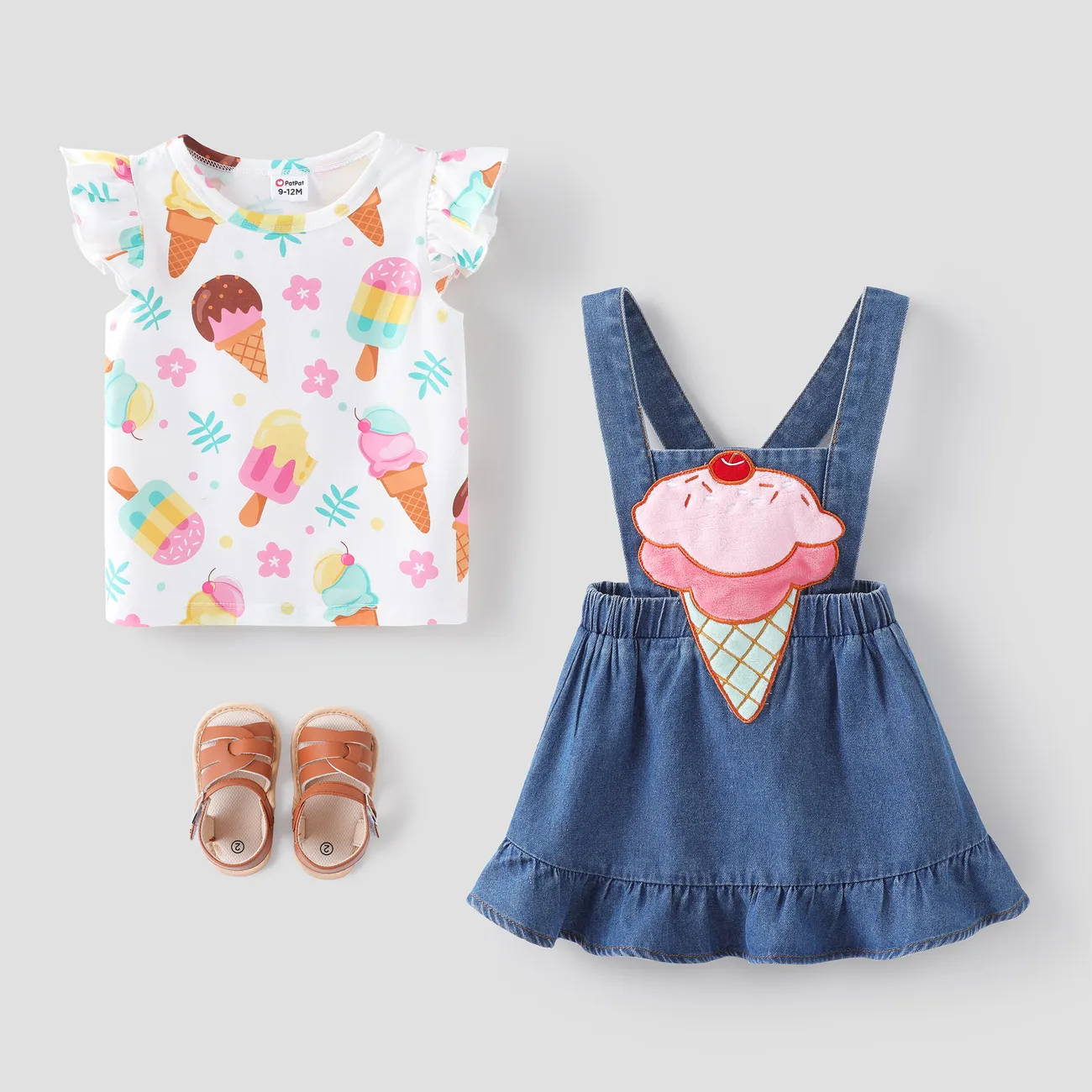 Baby-/Kleinkindmädchen 2-teiliges Eiscreme-Druck-T-Shirt und Stickerei Overall Kleid Set Denim Blue big image 1