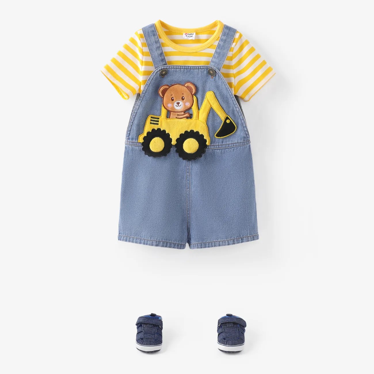 Baby Boy 2pcs Striped Tee and Bear Vehicle Embroidery Denim Overalls Set Yellow big image 1