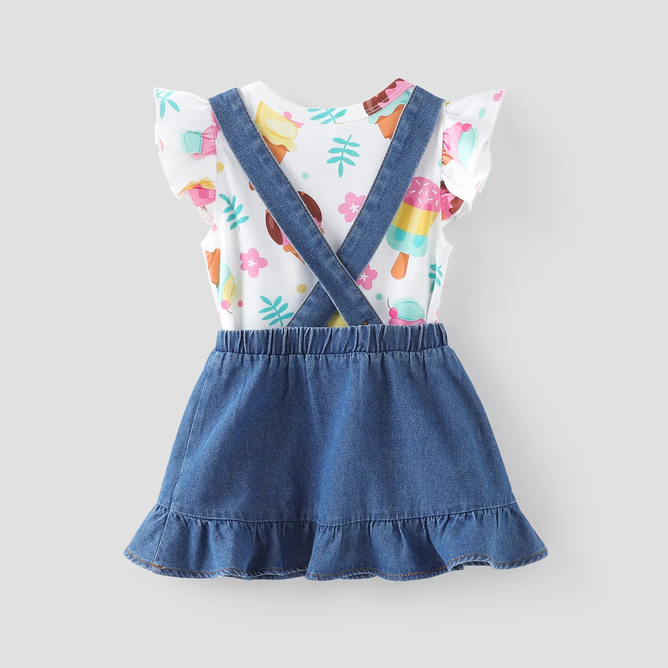 Bebé / niña pequeña 2pcs Camiseta con estampado de helado y conjunto de vestido general bordado azul vaquero big image 1