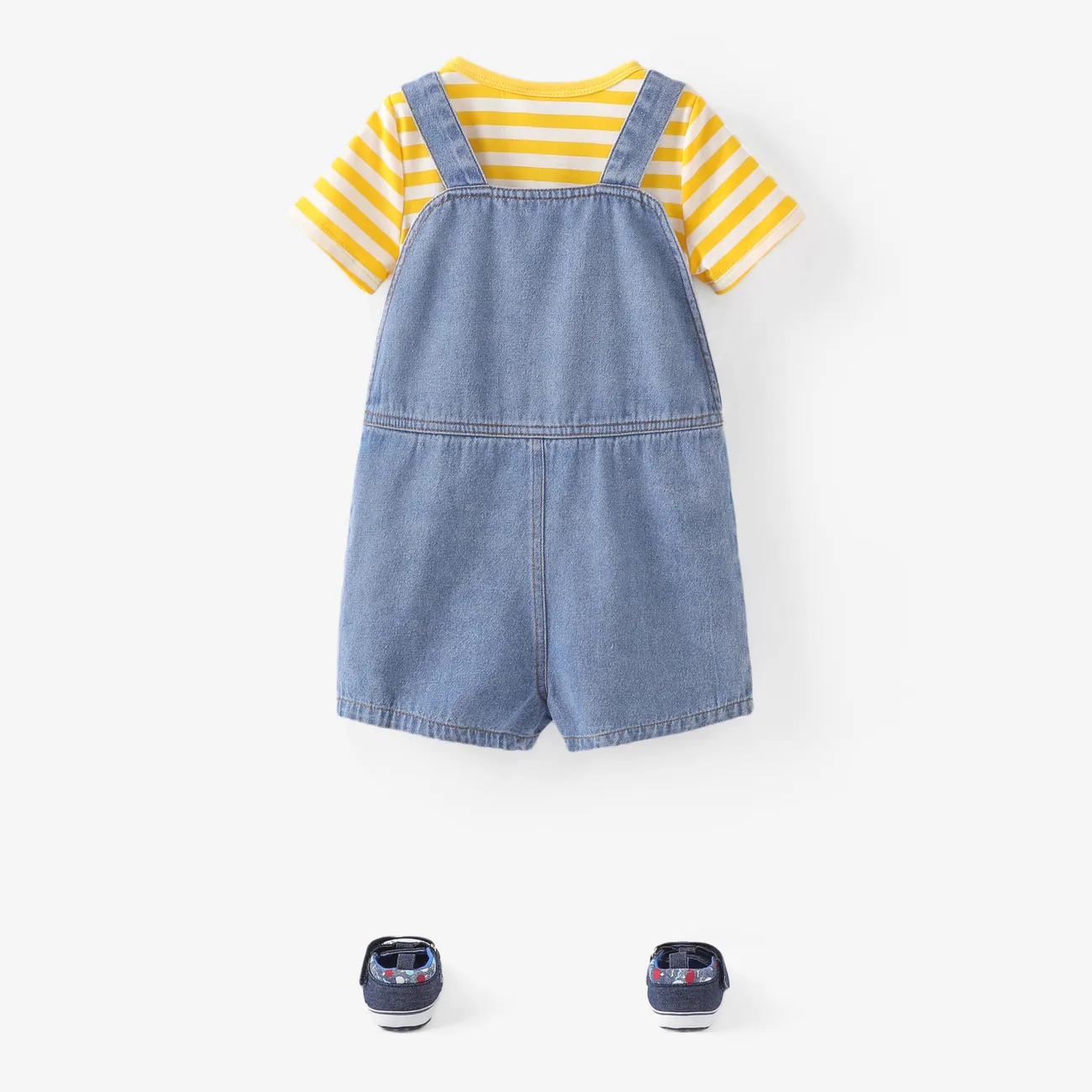 Baby Boy 2pcs Striped Tee and Bear Vehicle Embroidery Denim Overalls Set Yellow big image 1