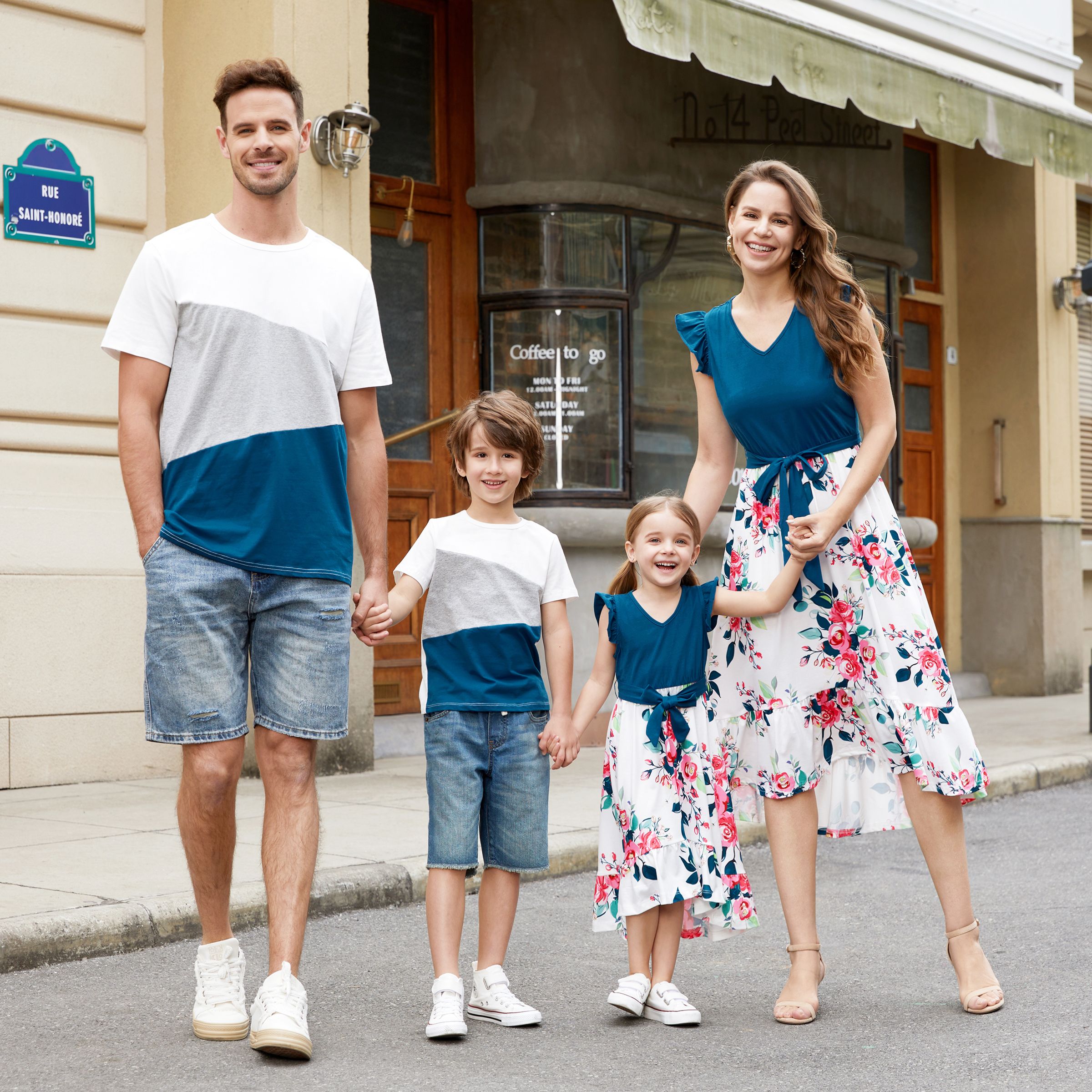 Family Matching Pink V Neck Lace Flutter-sleeve Splicing Floral Print Dresses and Short Raglan-sleeve Striped T-shirts Sets