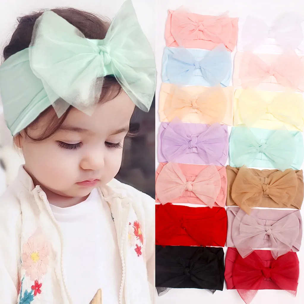 Baby Girl Casual Pure Color Nylon Mesh Bow Headband Light Pink big image 1