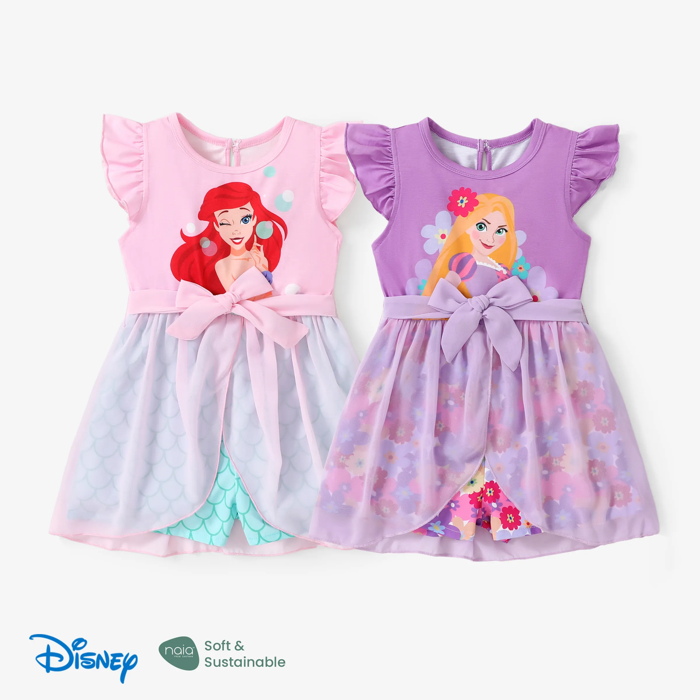 

Disney Princess Ariel/Jasmine/Rapunzel/Moana 1pc Toddler Girl Character Print Bowknot Mesh Ruffled Romper