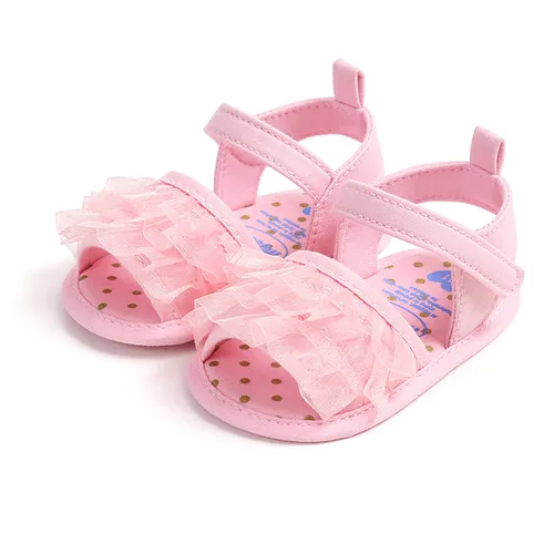 Bebê / Toddler menina doce criança Ruffle Mesh Applique Velcro sapatos pré-andador 