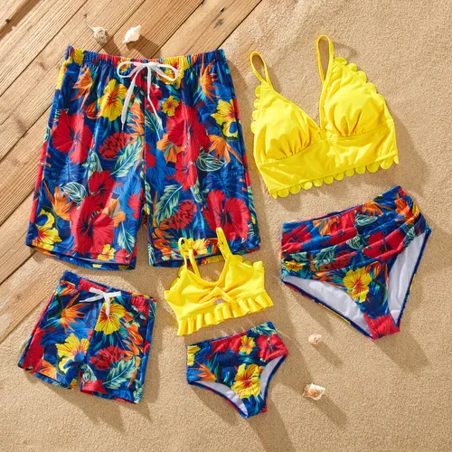 Family Matching Solid Scallop Trim Strappy Two-piece Swimsuit or Allover Floral Print Swim Trunks Shorts