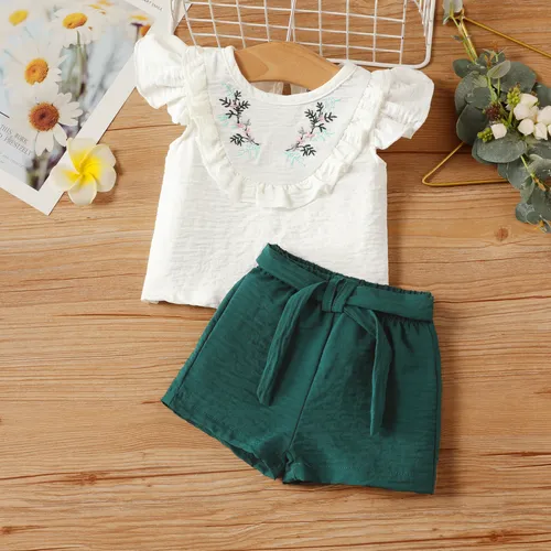 3pcs Baby Girl Sweet Agaric Edge and Broken Flower Pattern in White and Green Top/Shorts/ Belt Set 