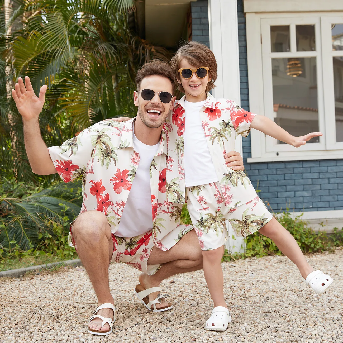 Family Matching Tropical Floral Printed Button Up Beach Shirt and Shorts Sets MultiColour big image 1