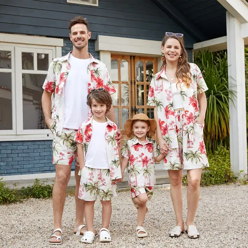 Family Matching Tropical Floral Printed Button Up Beach Shirt and Shorts Sets