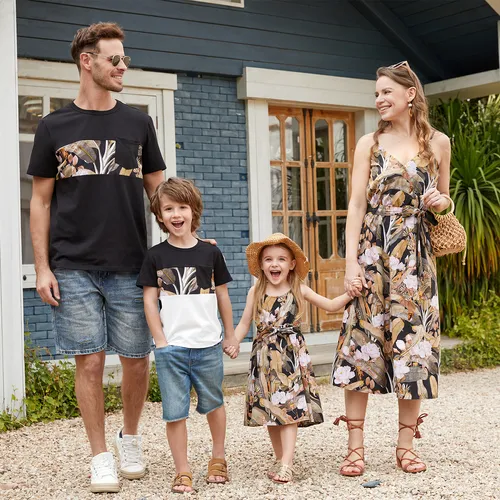 Family Matching Flower Pattern Graphic Colorblock Black T-Shirts and Floral Belted Slip Dresses Sets