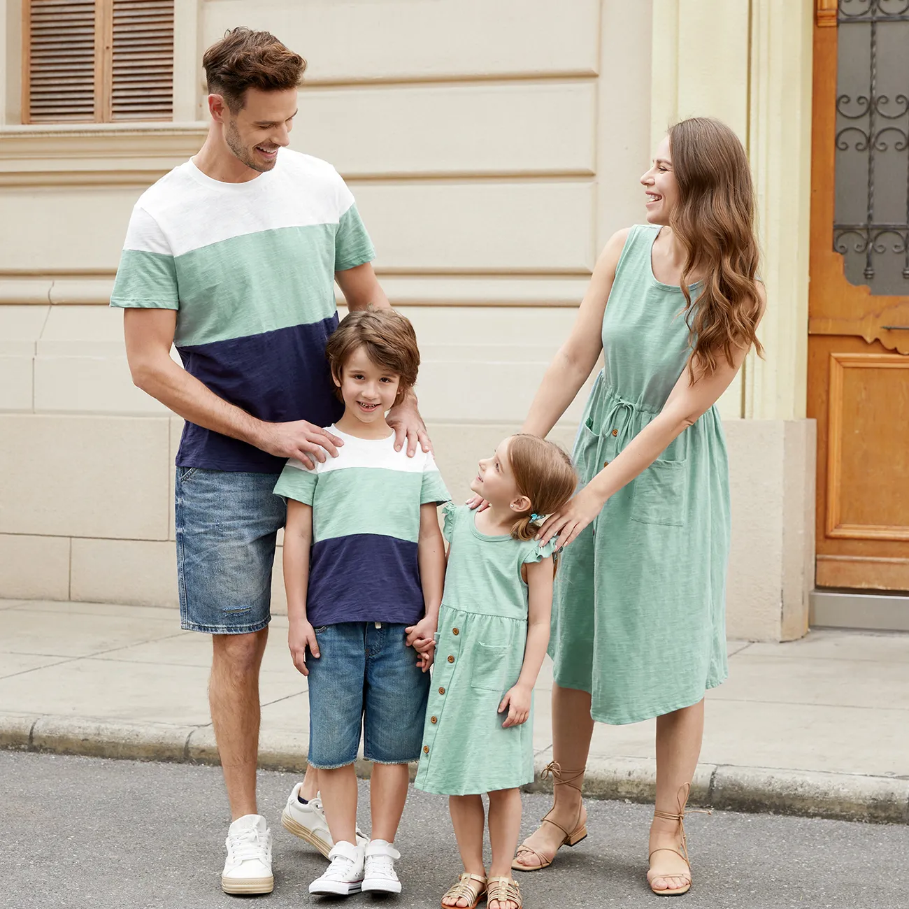 Family Matching Solid Cotton Button Front Drawstring Tank Dresses and Short-sleeve Colorblock T-shirts Sets GrayGreen big image 1