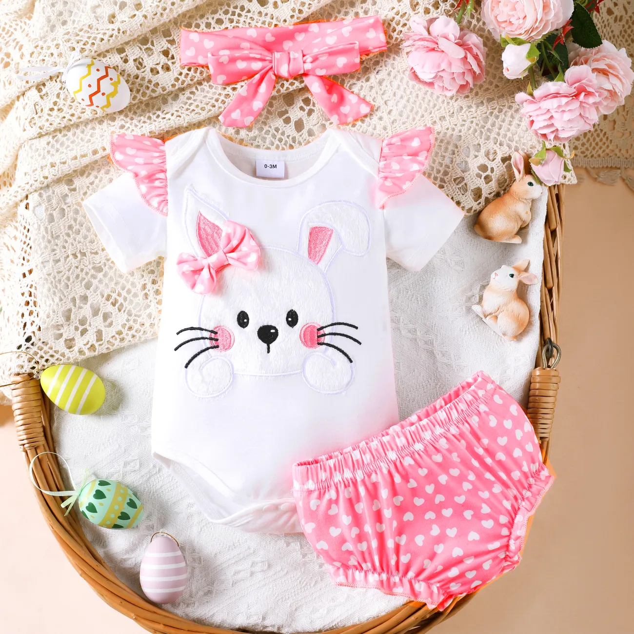2pcs Baby Girl Hyper-Tactile Animal Pattern Easter Rabbit  Romper and Shorts Set  Pink big image 1