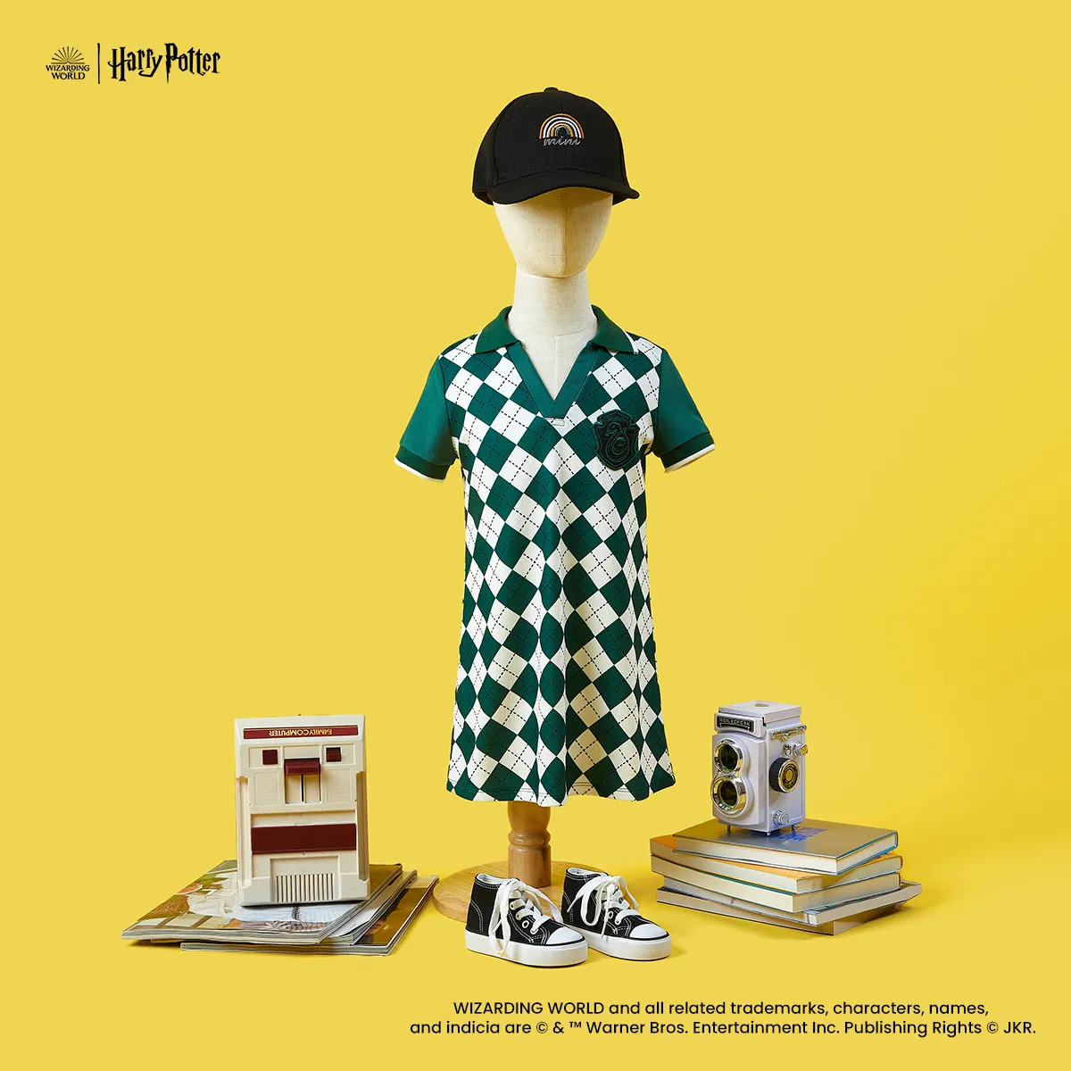 Harry Potter Toddler Girls Checkerboard Pattern Allover Pattern Color Block Badge Polo Collar  A-Line Dress Green