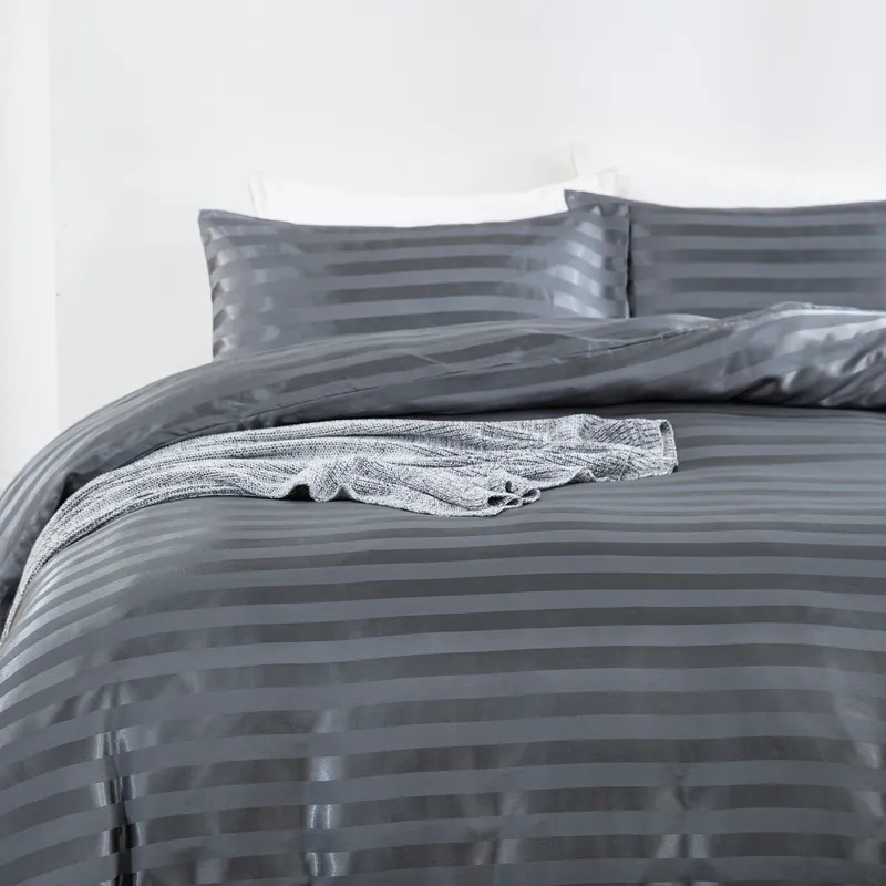 2/3pcs estilo simples cetim listrado roupa de cama de poliéster, incluindo capa de edredom e fronhas Cinzento big image 1