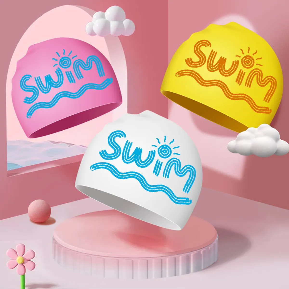 Toddler/kids Cartoon Silicone Letter Swim Cap Pink big image 1