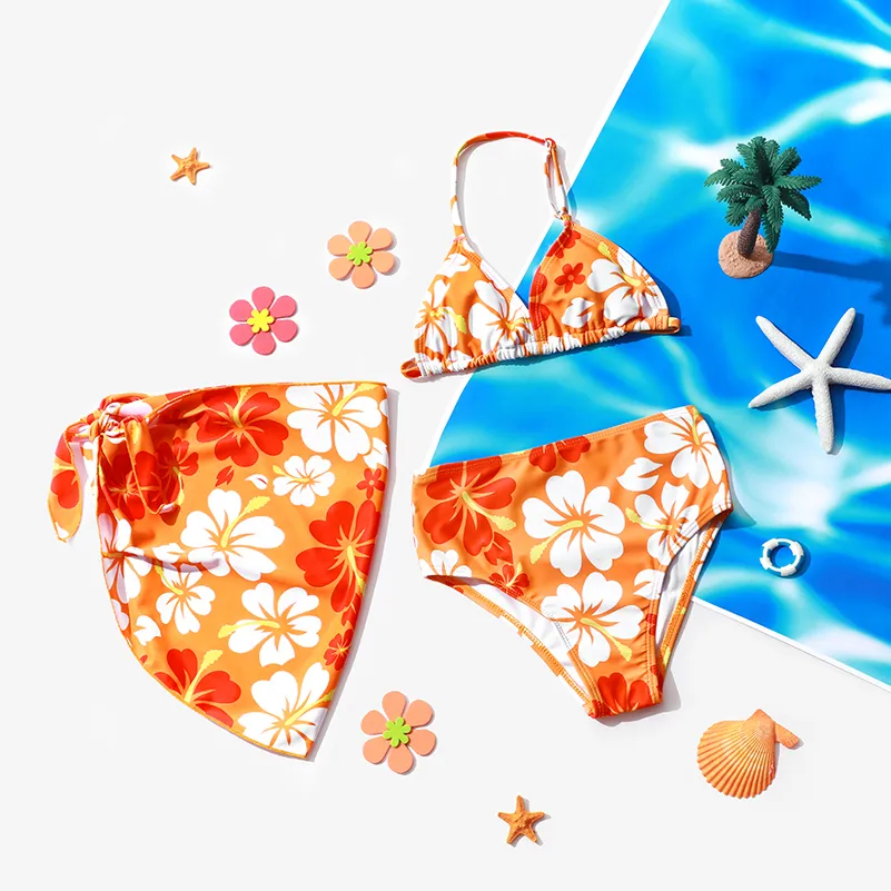  3pcs Kid Girl's Tropical Floral Cold Sleeve Top/ Raceback/Bottom Swimsuit Set  Orange big image 1