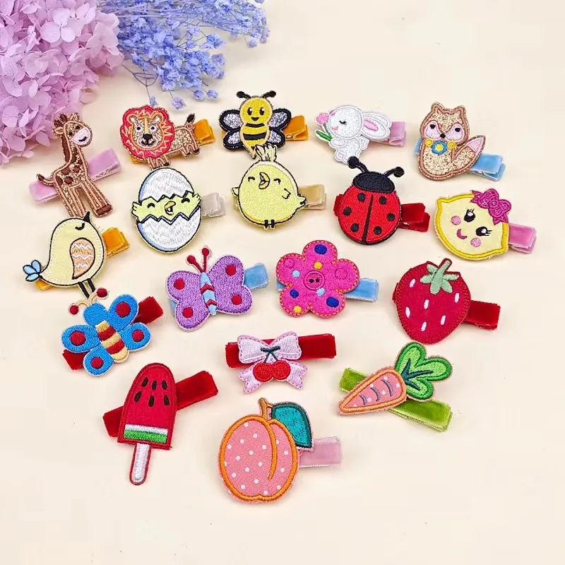 Toddler/kids Girl Childlike Embroidered Hair Clips with Cute Animal Fruit Bowknot Designs
 Pink big image 1