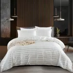 2/3件簡約風格缎麵條紋滌綸床上用品，包括羽絨被套和枕套 白色