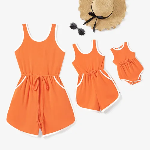 Mommy and Me Orange Towel Fabric Romper with Pockets and Drawstring