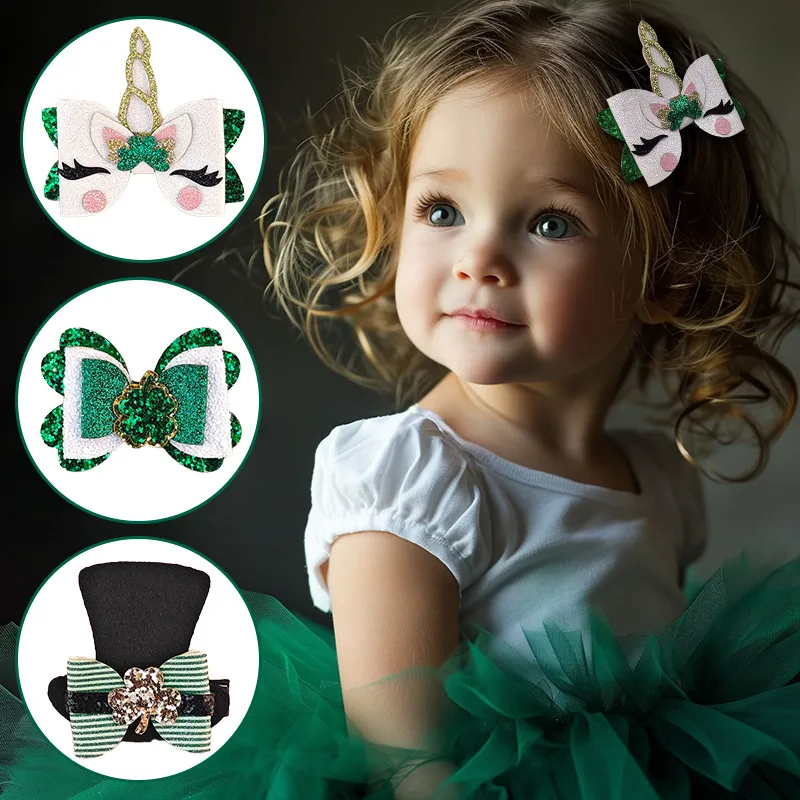 Toddler/kids Girl Sweet St. Patrick's Day Glitter Unicorn Full Coverage Hair Clip White big image 1