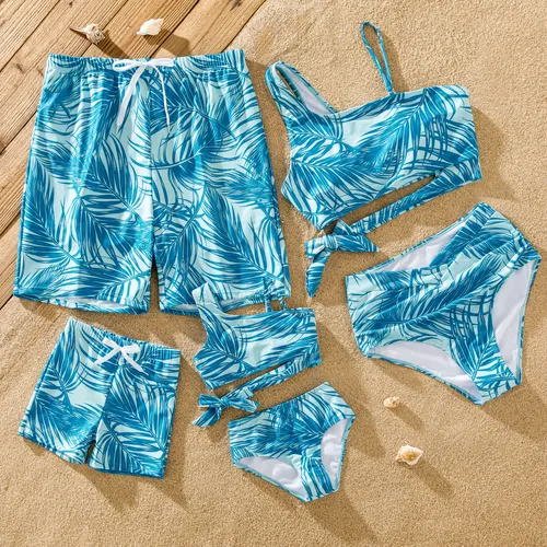 Family Matching Leaf Pattern Drawstring Swim Trunks or One-Shoulder Bikini with Removable Strap