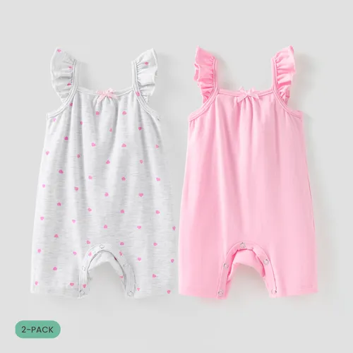 2er-Pack Baby Girl Herzförmige/einfarbige Print-Strampler mit Rüschen