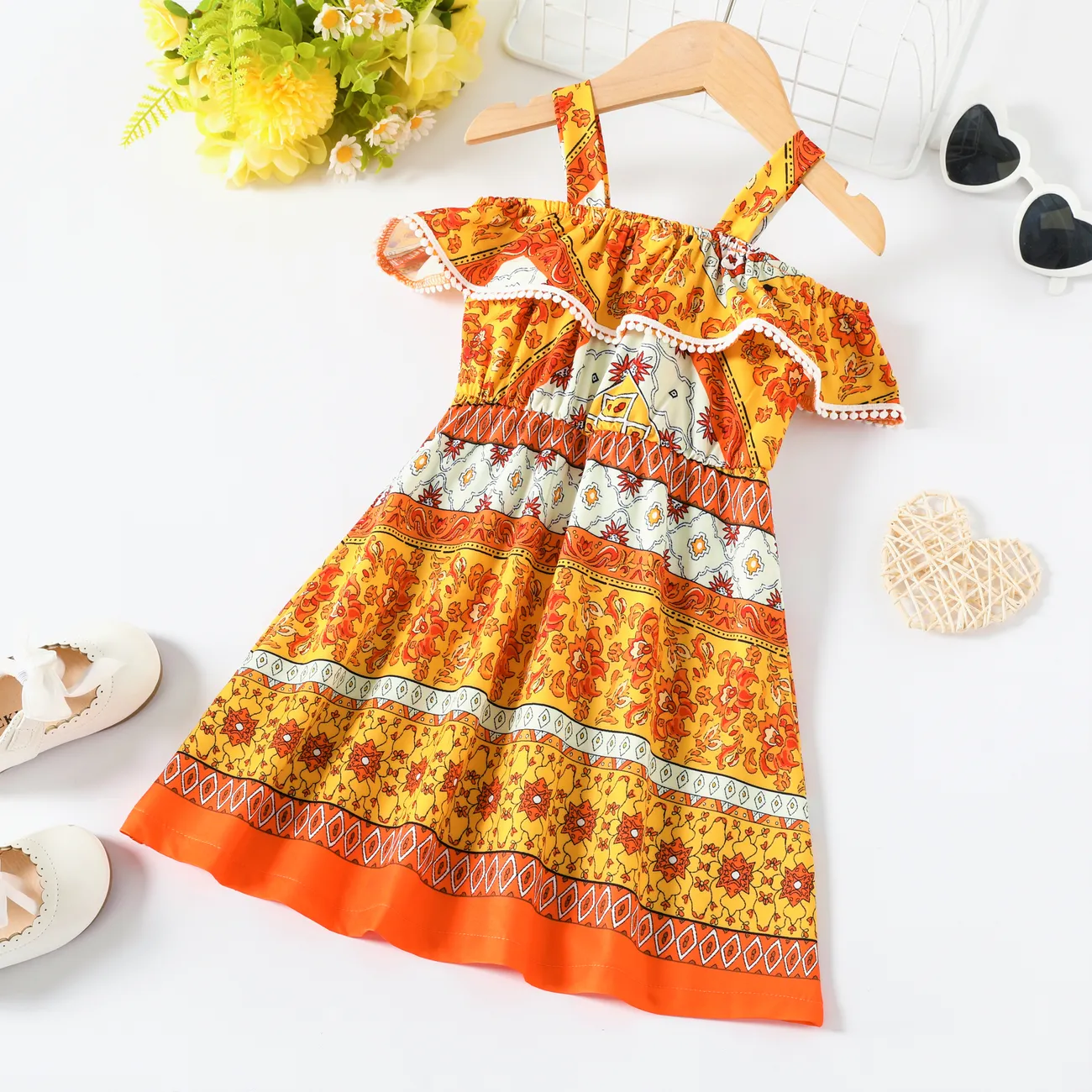 Toddler Girl Sweet Ethnic Dress with Ruffle Edge  Orange big image 1