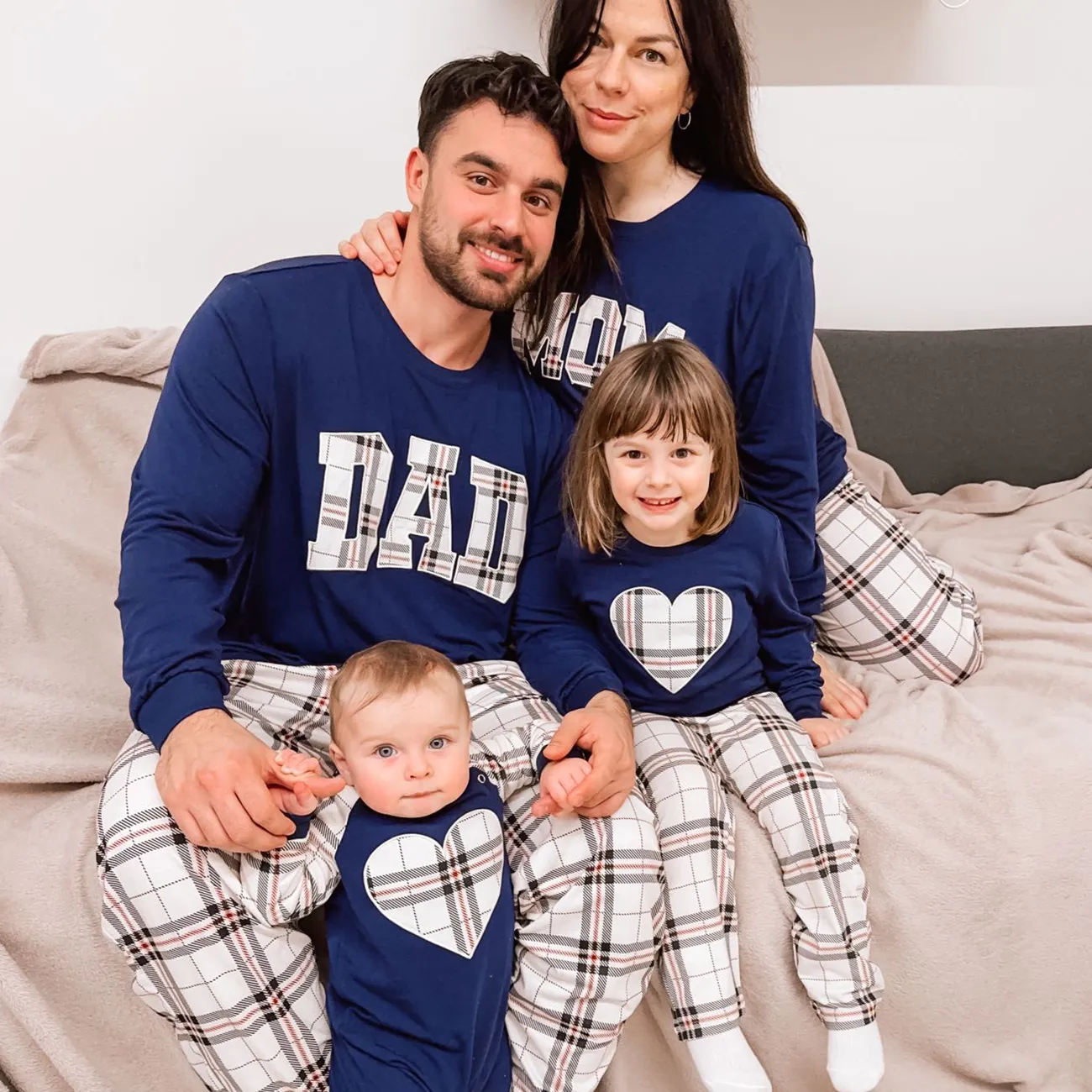 Family Matching School Grid Letter Print Patch Long Sleeve Pajamas Sets (Flame Resistant) Blue big image 1