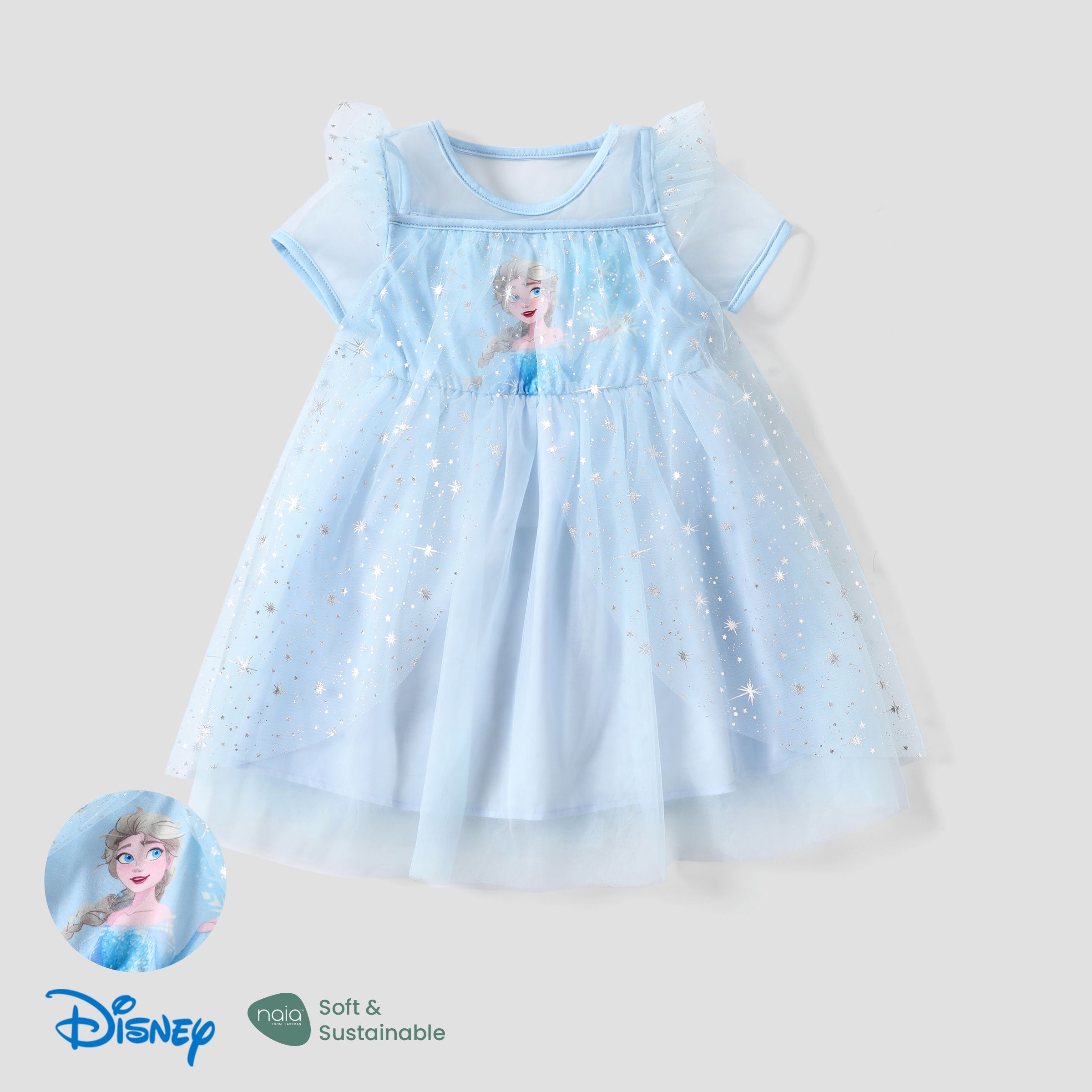 迪士尼冰雪奇緣艾爾莎 1 件裝幼兒女孩角色印花與閃閃發光的薄紗荷葉邊連衣裙