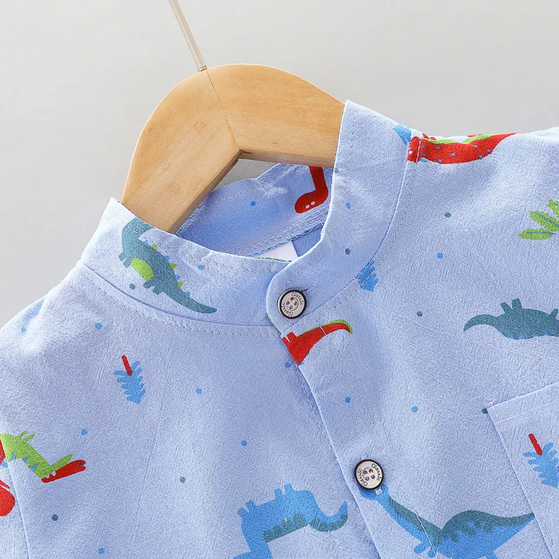 100% Cotton 2pcs Dinosaur Print Short-sleeve Baby Set Blue big image 1