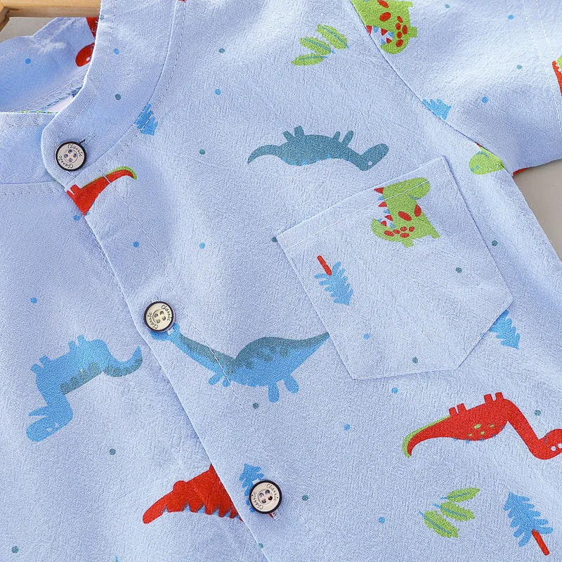 2 pièces Bébé Garçon Dinosaure Enfantin Manches courtes ensemble pour bébé Bleu big image 1
