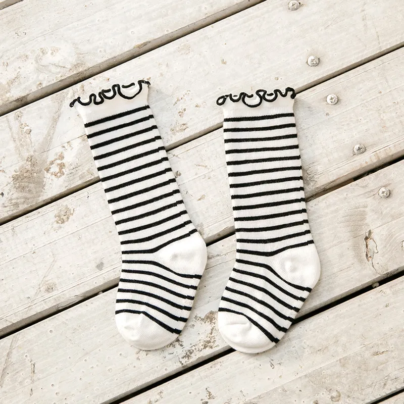 Toddler/kids Sweet Striped and Polka Dot Pattern Mid-Calf Socks with Rolled Edges Black big image 1