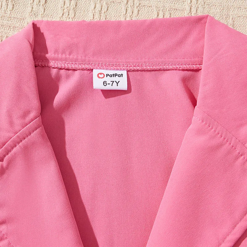 2pcs Kid Girl Solid Color Avant-garde Lapel Top and Pants Set  Pink big image 1