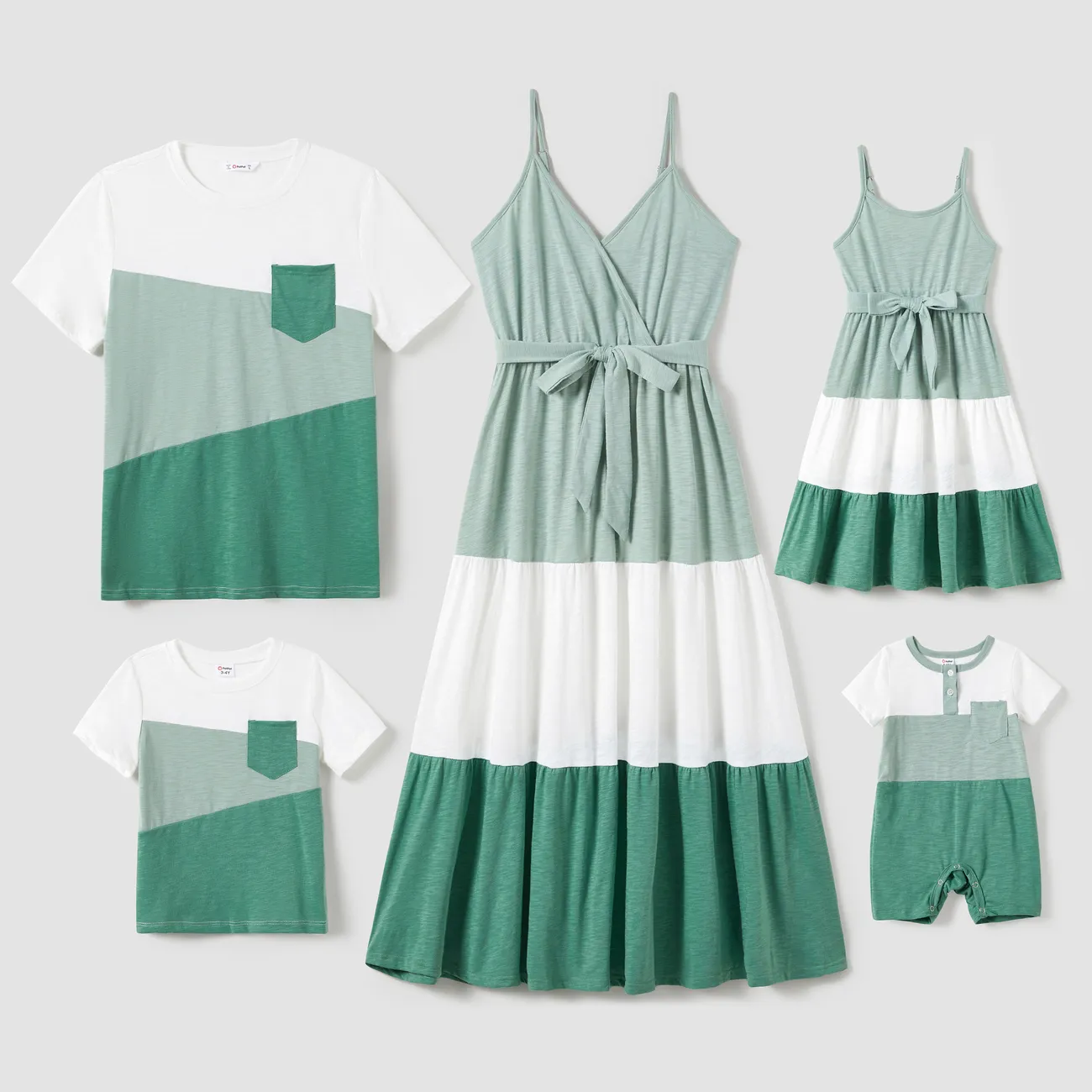 Family Matching Sets Color Block Tee and Wrap Front Pleated Dress with Hidden Snap Button MultiColour big image 1