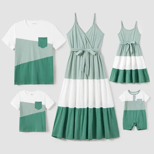Family Matching Sets Color Block T 恤和裹身正面褶裥連衣裙，帶隱藏式按扣