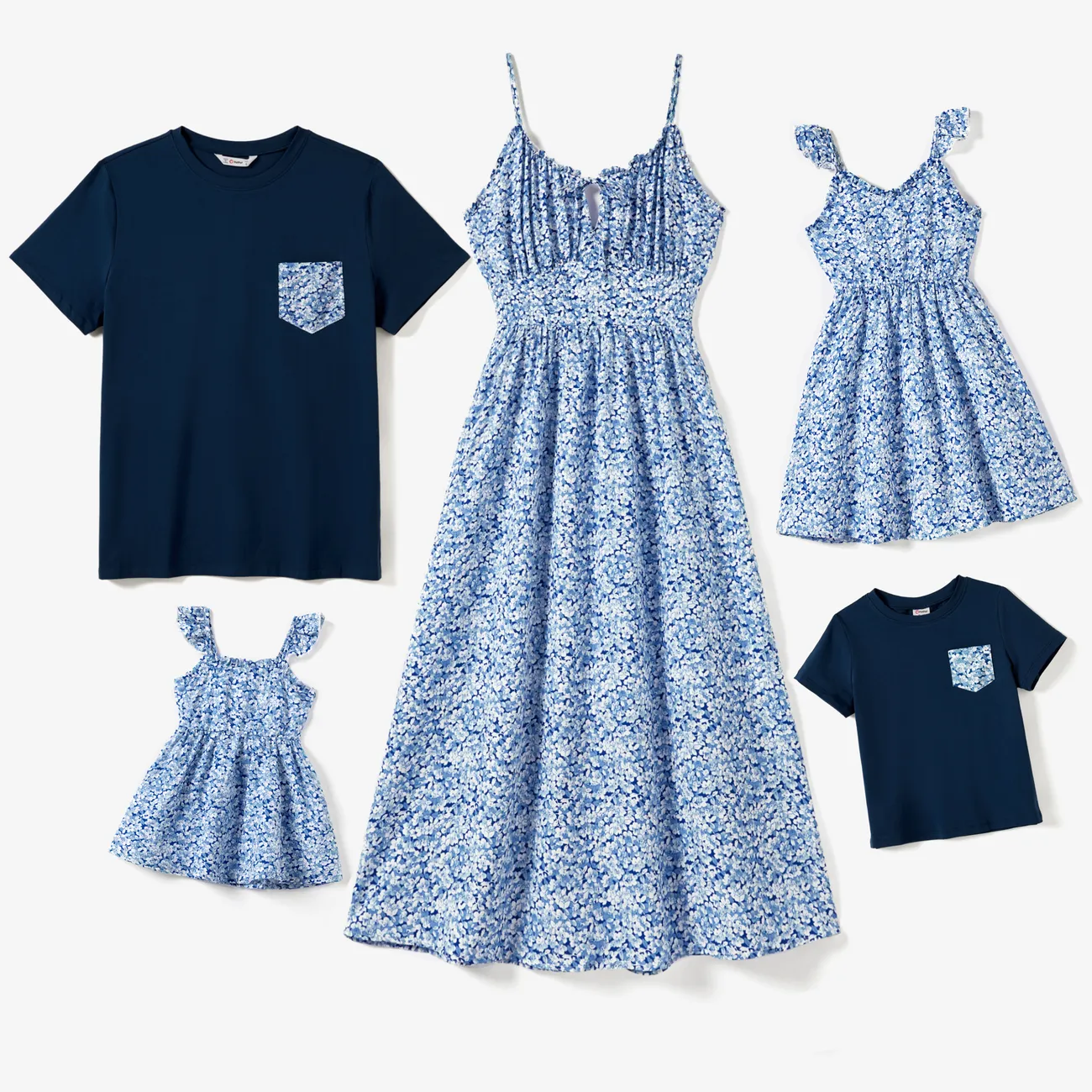 Family Matching Ditsy Floral Split Neck Ruched Bust Strap Dress and Navy Blue Tee Sets Tibetan blue big image 1