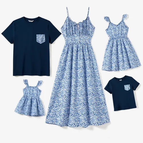 Familienpassendes Kleid mit Blumenmuster und gerafftem Brustträger mit Schlitzausschnitt und marineblauen T-Shirts