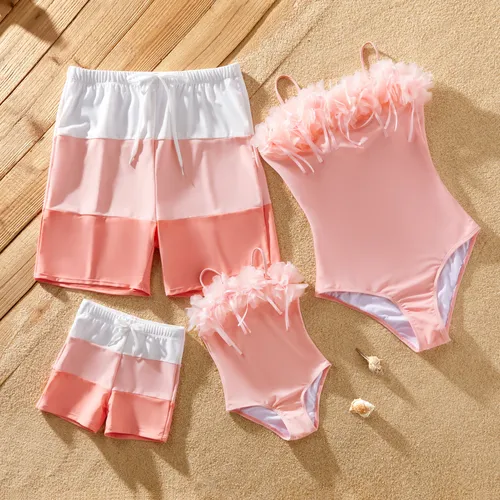 Family Matching Gradient Color Swim Trunks or 3D Flower Ornament One-Piece Swimsuit