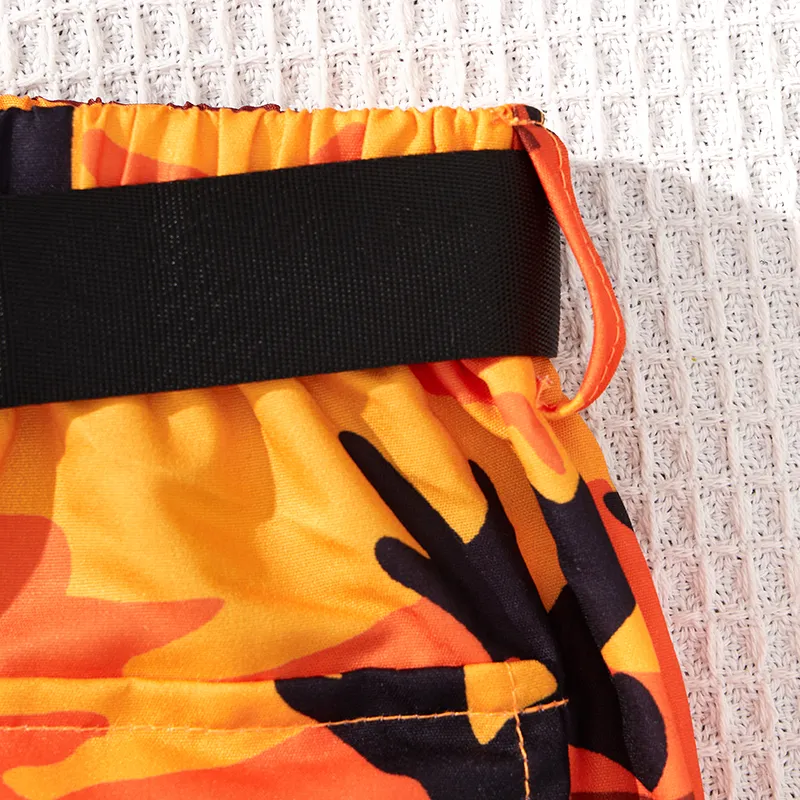 3pcs Kid Girl Camouflage Patch Pocket Avant-garde Top and Belted Pants Set  Orange big image 1