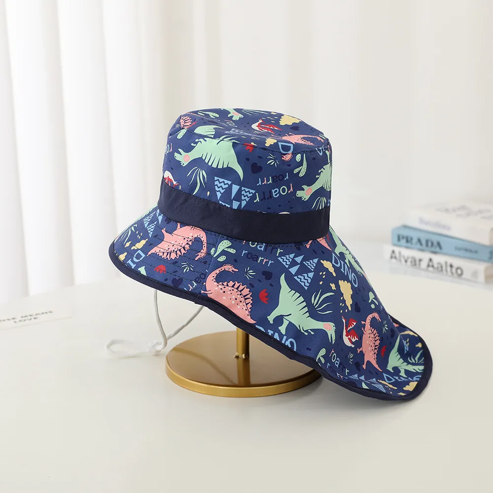 قبعة صيد كرتونية للأطفال الصغار - قبعة حماية من الشمس مع رفرف للرقبة أزرق غامق big image 1