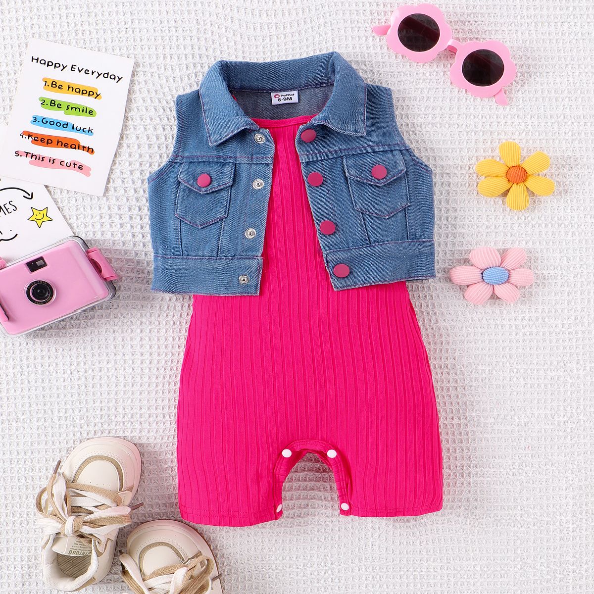 2pcs Baby Girl Solid Rib-knit Romper and Button Up Front Vest Denim Jacket Set