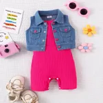 2pcs Baby Girl Solid Rib-knit Romper and Button Up Front Vest Denim Jacket Set Hot Pink